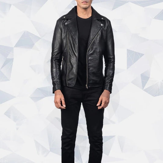 Mens Noah Black Sheepskin Leather Biker Motorcycle Jacket