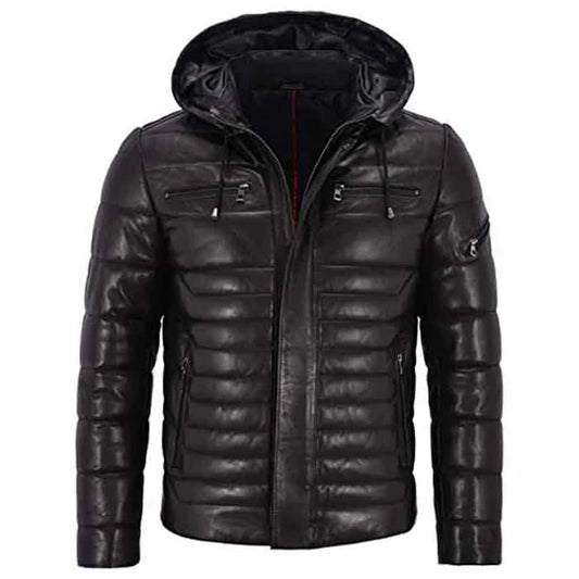 Mens Hooded Quilted Real Leather Puffer Jacket