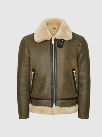 Army Green Shearling Leather Aviator Jacket
