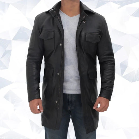 Shelby Mens Four Pocket Black Leather Trench Coat