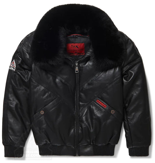 Womens Black Leather V-Bomber Jacket with Fox Collar