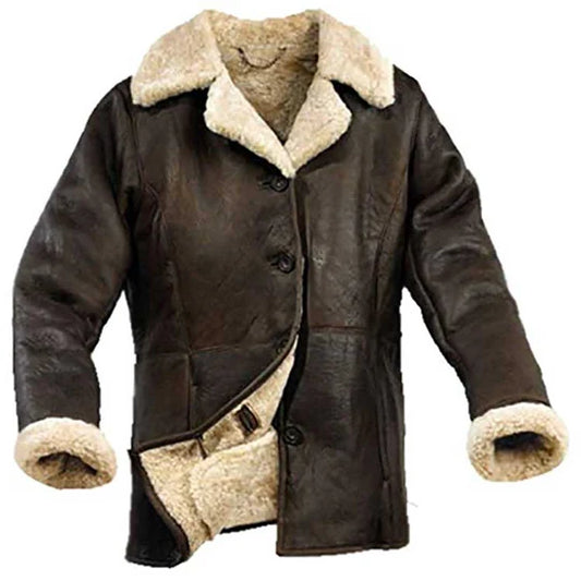 Women Dark Brown Fur Collar Shearling Aviator Leather Jacket