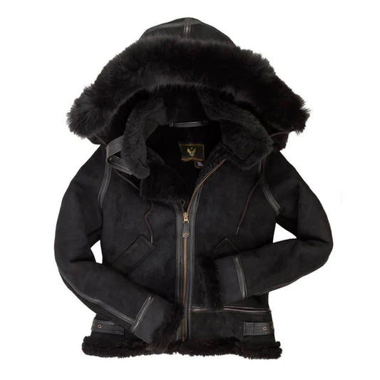 Womens Hooded B3 Shearling Leather Bomber Jacket