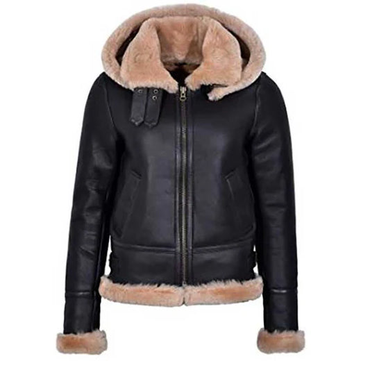 Women Hooded Flying Aviator Shearling Leather Jacket