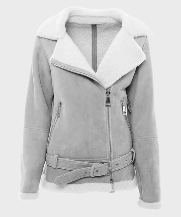 Womens Grey Suede Shearling Leather Jacket