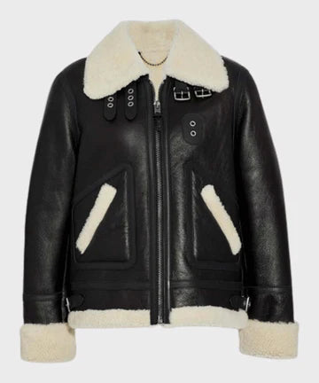 Womens Ivory Aviator Shearling Leather Jacket
