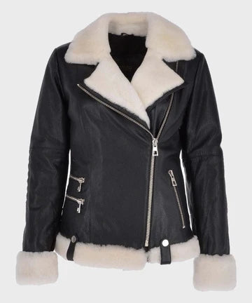 Womens Black Shearling Motorcycle Leather Jacket