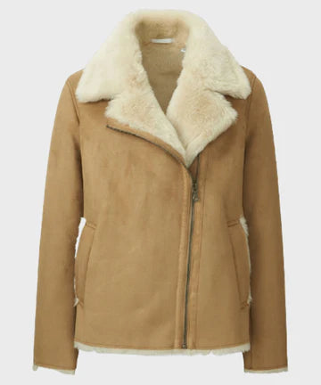 Womens Brown Faux Shearling Leather Jacket