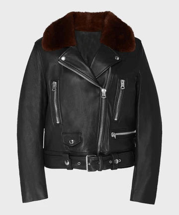 Womens Black Shearling Motorcycle Leather Jacket
