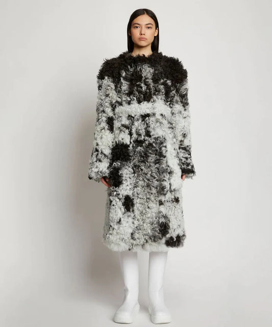 Black and White Fur Shearling Long Coat Women
