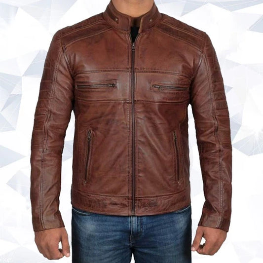 Mens Cognac Brown Distressed Motorcycle Leather Jacket