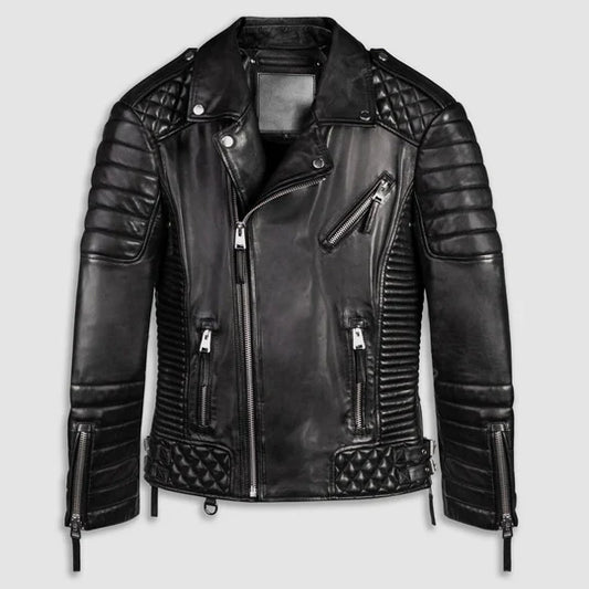 Black Biker Leather Jacket for Men Quilted Style