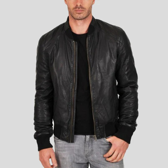 Jero Black Lambskin Bomber Leather Jacket