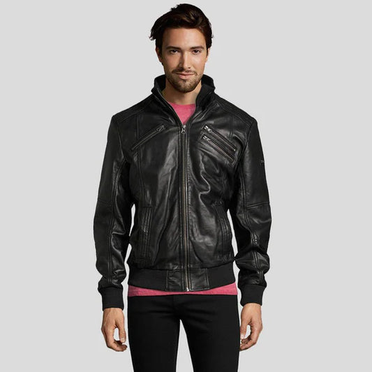 Mike Black Lambskin Bomber Leather Jacket