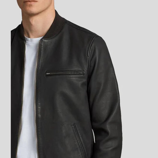 Porf Black Lambskin Bomber Leather Jacket