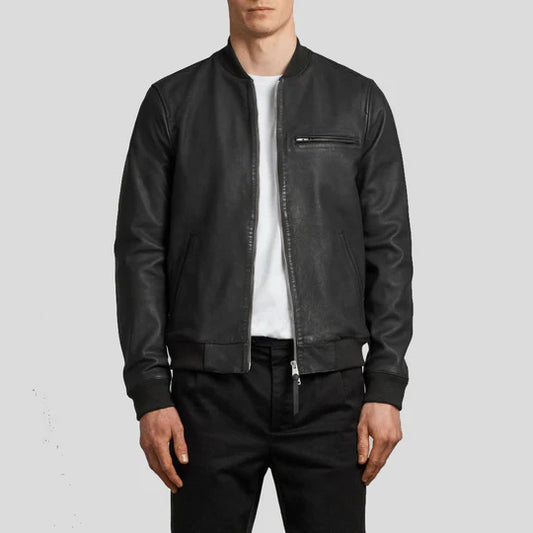 Porf Black Lambskin Bomber Leather Jacket