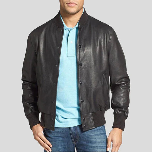 Rico Black Buttoned Bomber Leather Jacket