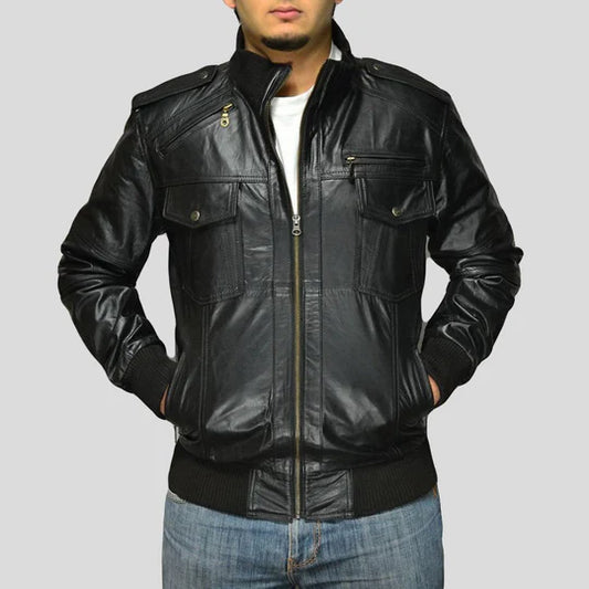 Sang Black Bomber Leather Jacket Sleek Rugged Outerwear