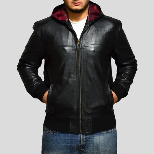 Shane Black Hooded Lambskin Bomber Leather Jacket