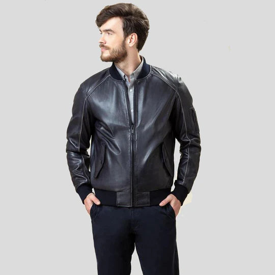 Abramo Black Lambskin Leather Bomber Jacket
