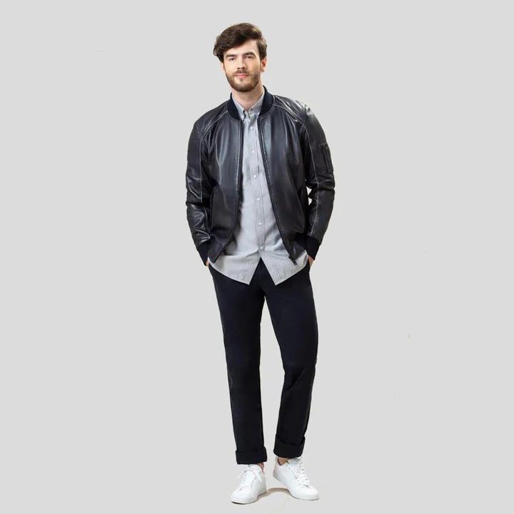 Abramo Black Lambskin Leather Bomber Jacket
