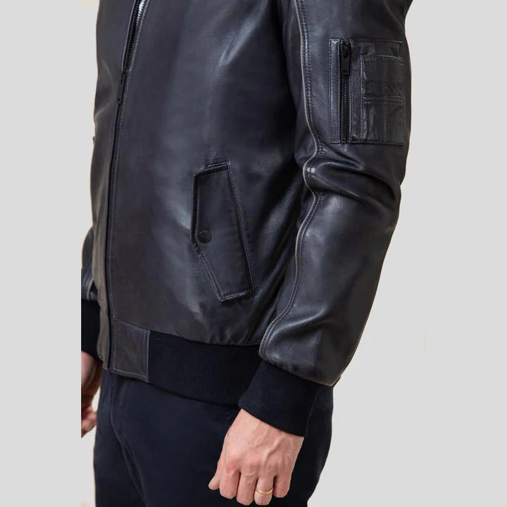 Abramo Black Lambskin Leather Bomber Jacket