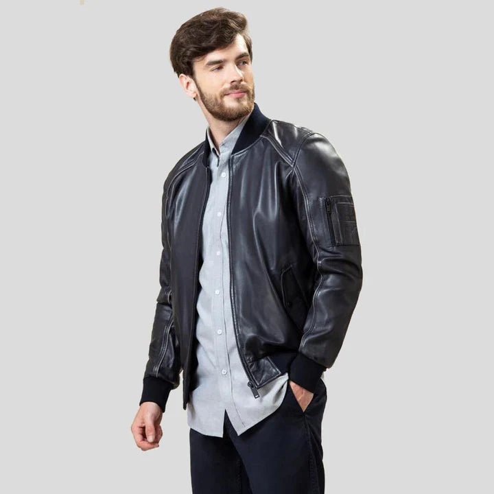 Abramo Black Lambskin Leather Bomber Jacket