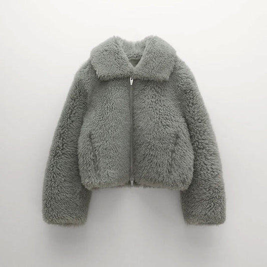 Womens Grey Shearling Fur Jacket with Oversized Collar & Brushed Zippers