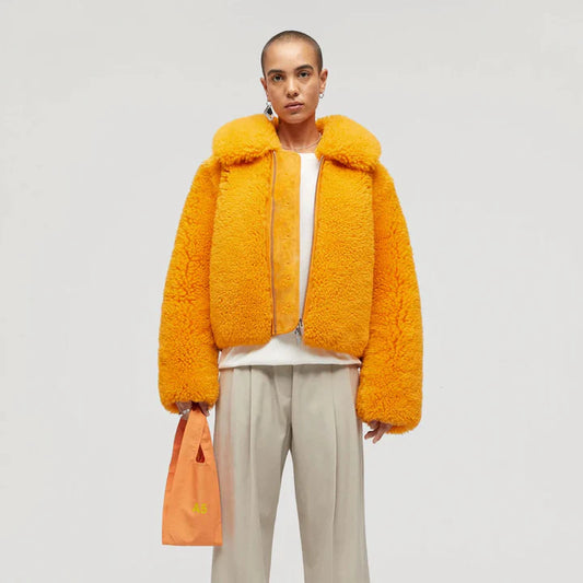 Womens Orange Luxury Fox Fur Shearling Jacket
