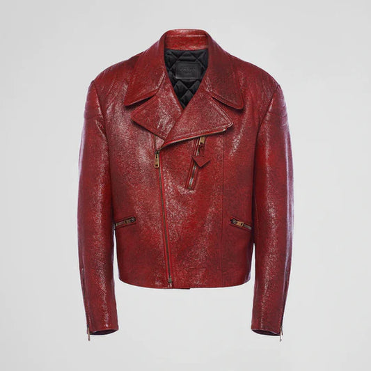 Womens Red Sheepskin Leather Biker Jacket Vintage Style