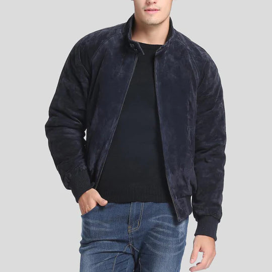Admiral Navy Blue Suede Leather Bomber Jacket