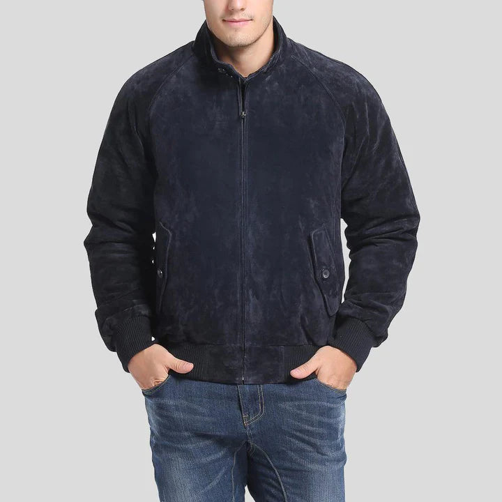 Admiral Navy Blue Suede Leather Bomber Jacket